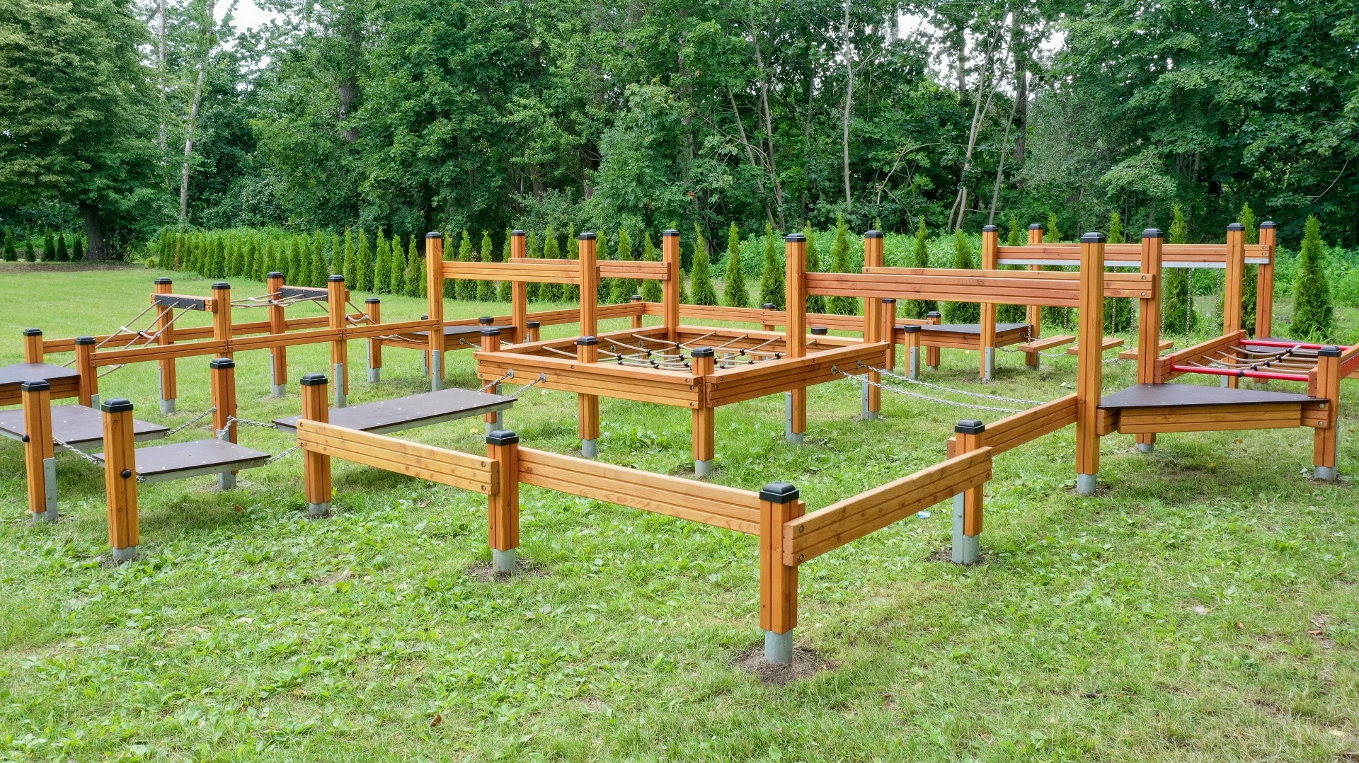 Natural wooden playground equipment for schools and kindergartens — close-up of acacia obstacle and balance course